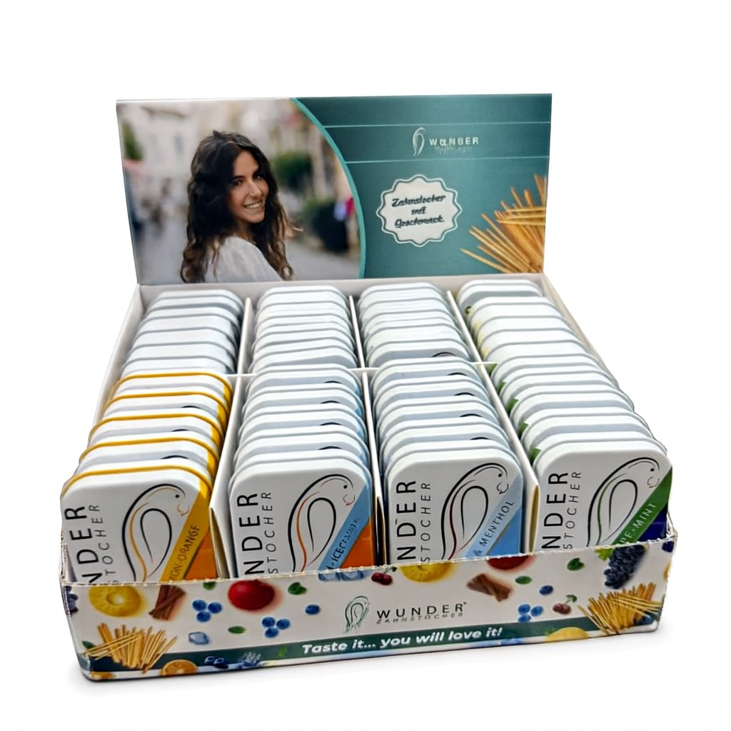 Wunder Zahnstocher Box – 8 Sorten in Metalldosen (Display) 40er