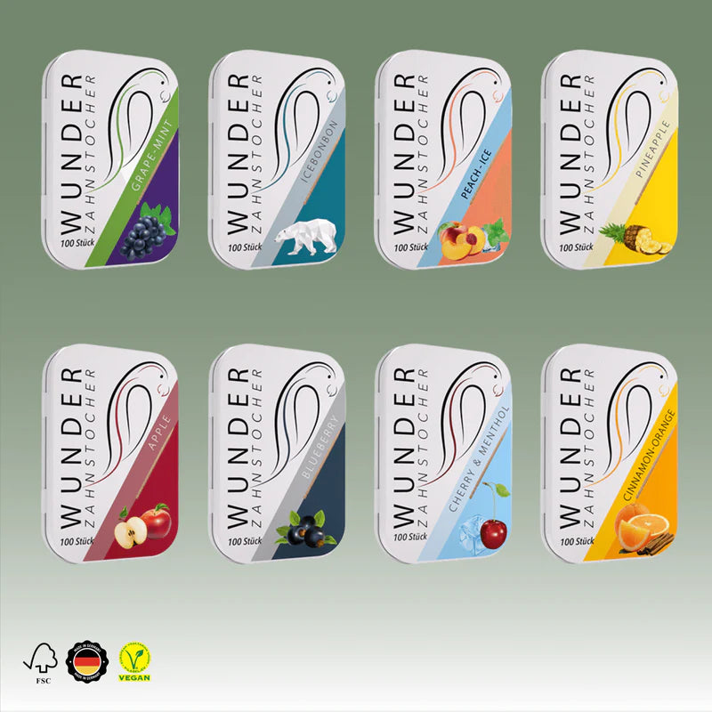 Wunder Zahnstocher Box – 8 Sorten in Metalldosen (Display) 40er
