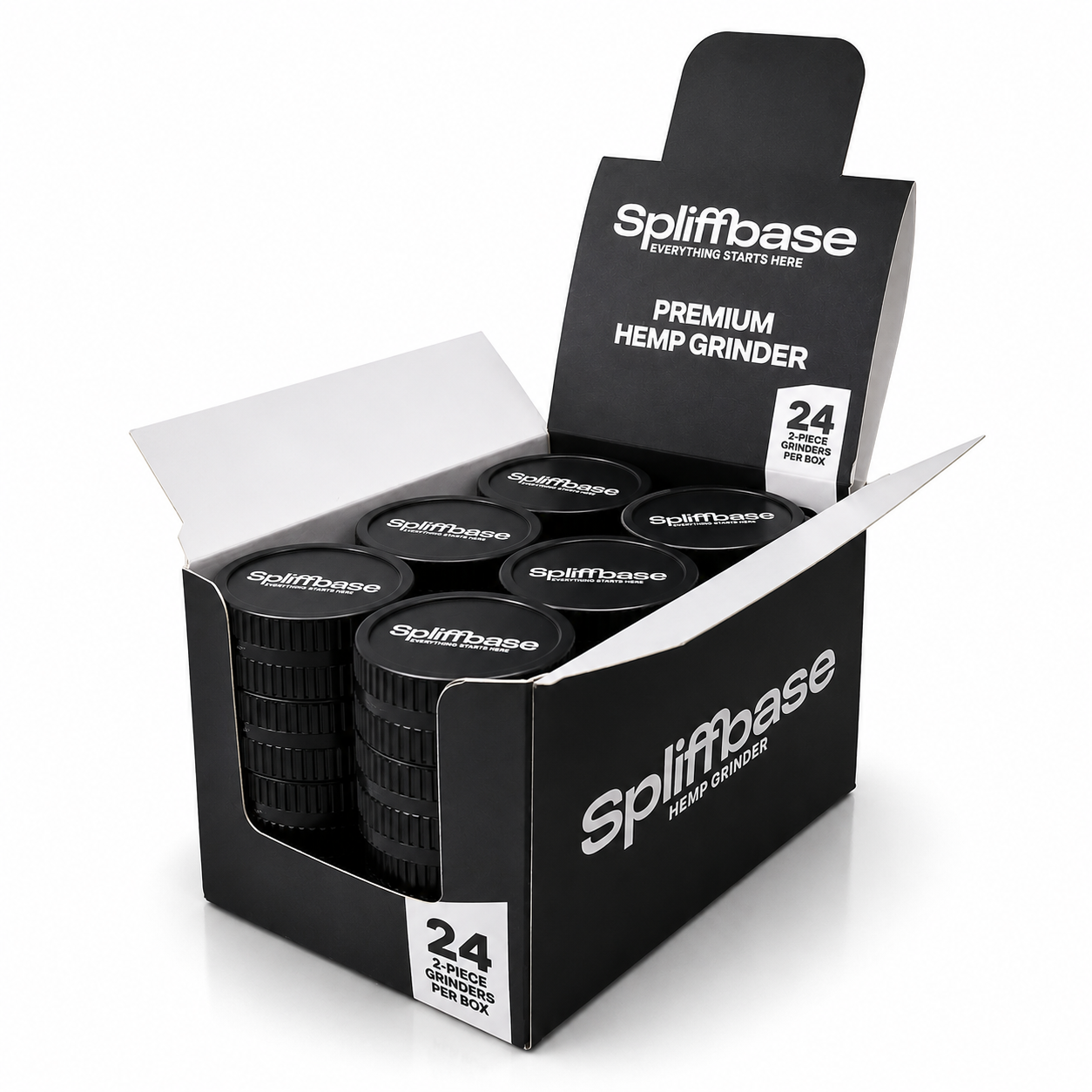 Spliffbase Premium Hemp Grinder – 2-teilig Schwarz (24er Display Box)
